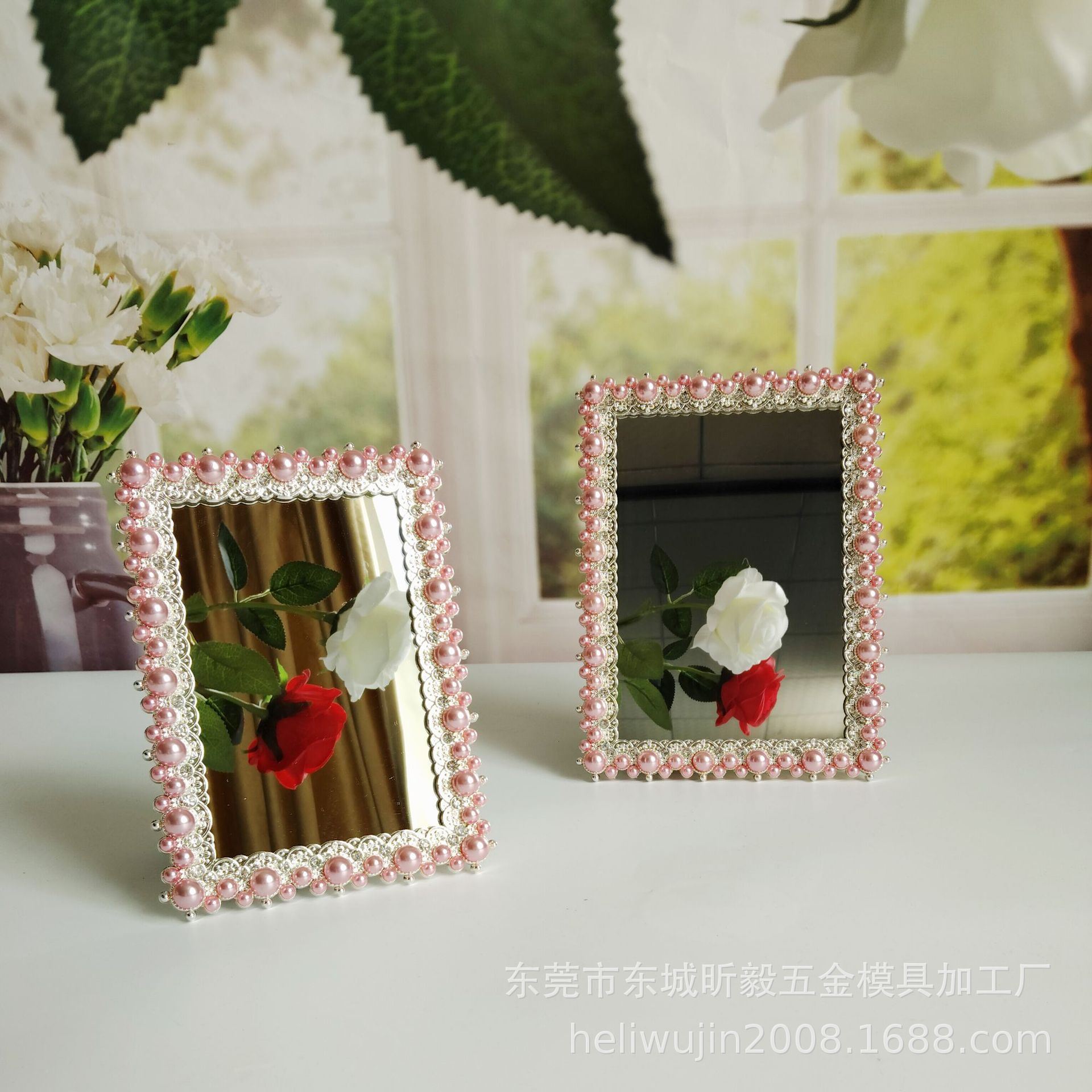 创意时尚粉红色珍珠6寸,7寸10欧式金属台镜,化妆镜摆台相框