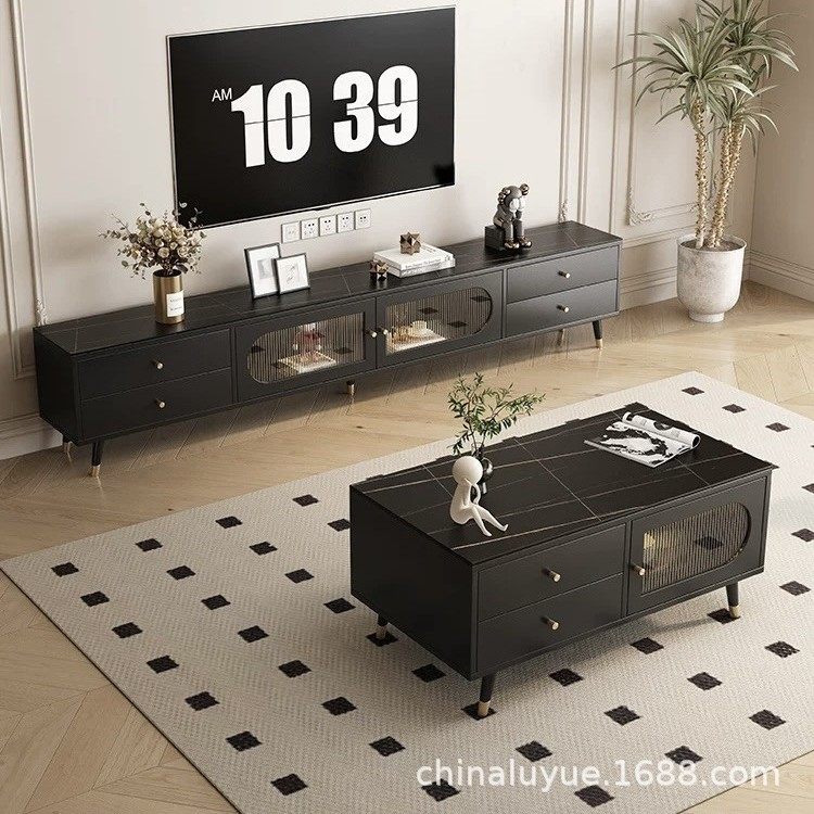 北欧极简客厅家用简约现代落地轻奢高级感黑色储物茶几电视柜