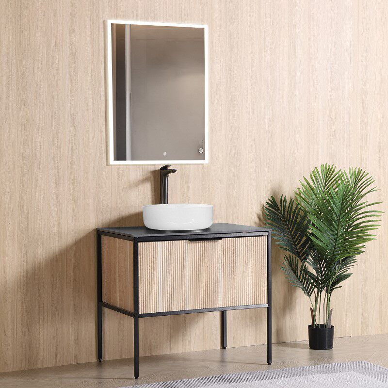 原木风PVC浴室柜落地式80厘米台上盆洗手台高级不锈钢架浴室柜