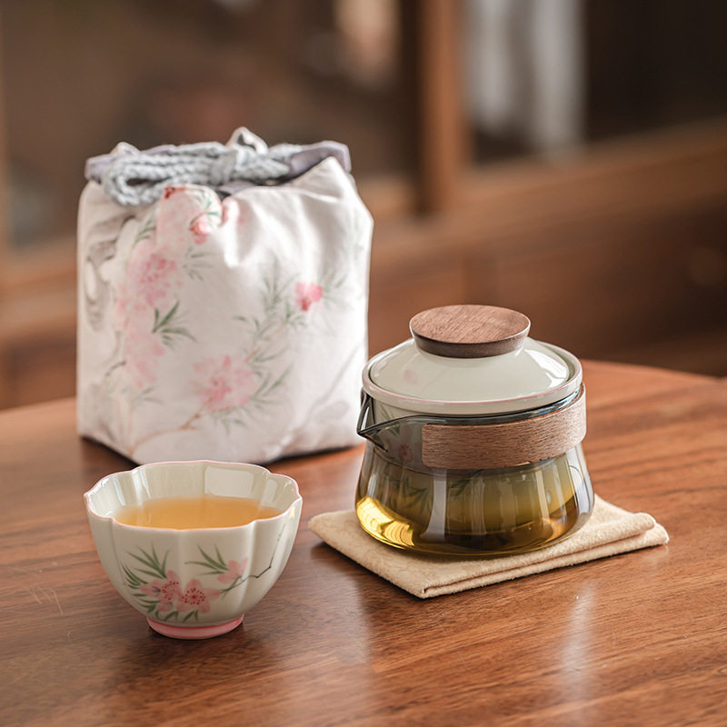 手绘桃花快客杯一壶三杯玻璃旅行茶具套装户外便携式泡茶壶收纳包