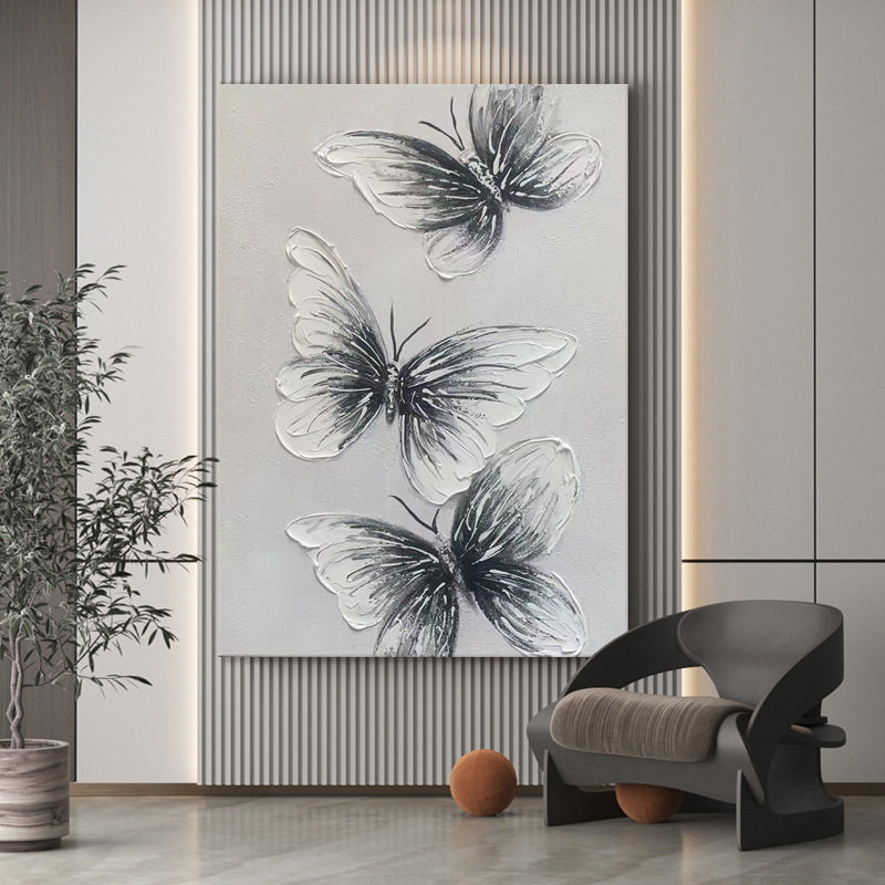 现代简约客厅玄关手绘油画装饰画纯色抽象立体蝴蝶肌理画丙烯挂画