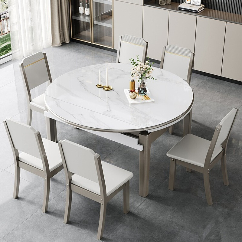 岩板实木伸缩餐桌椅组合家用小户型现代简约轻奢折叠饭桌可变圆桌