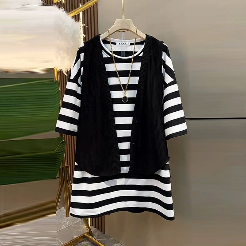 加肥大码女装百搭简约条纹半袖T恤衫胖妹妹黑P色显瘦休闲开衫马甲,女装/女士精品,大码内搭,淘宝优惠券,粉丝福利购,淘宝优惠卷