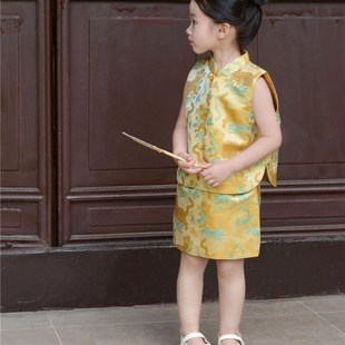 男童织锦缎春秋冬新中式国风唐装虎虎生威提花马甲半身裙套装