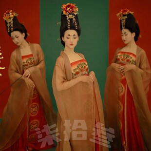 簪花仕女汉服诃子裙大袖衫中国古典舞蹈演出服唐制红色开场舞拖尾