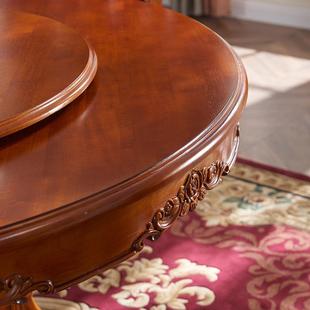 美式 简约带转盘餐厅1.5米轻奢别墅花餐食饭雕 全实XLT木圆桌桌欧式