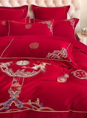 中式龙庆凤绣大红色件婚刺四套新婚陪嫁喜被磨毛床单GTE被套床上