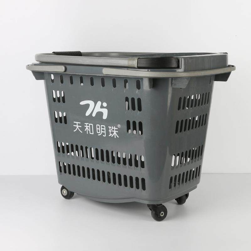 超市物商用拉杆购物向轮篮塑料购物带万滑轮购篮可拖动购物篮