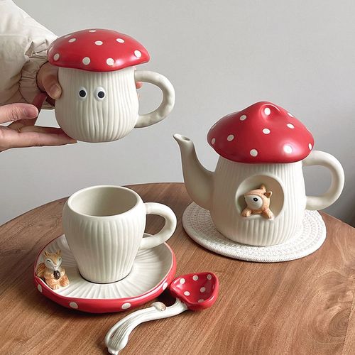 速发Ch壶b可爱蘑菇造型带勺陶瓷马克杯盖子水u茶具少心水杯