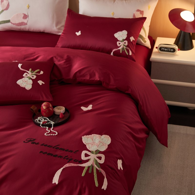 速发100S贡缎大绣棉全棉婚庆四件套刺绒长红结婚