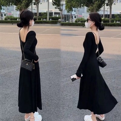 速发2024初秋气质U领露背性感连衣裙韩版高腰大裙摆长袖长裙显