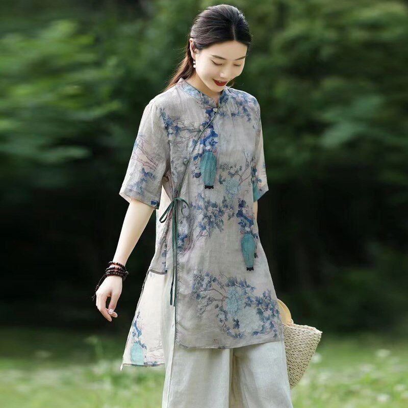 速发国风苎款上衣中式改季旗袍中长麻士棉麻禅服夏良禅意装套装