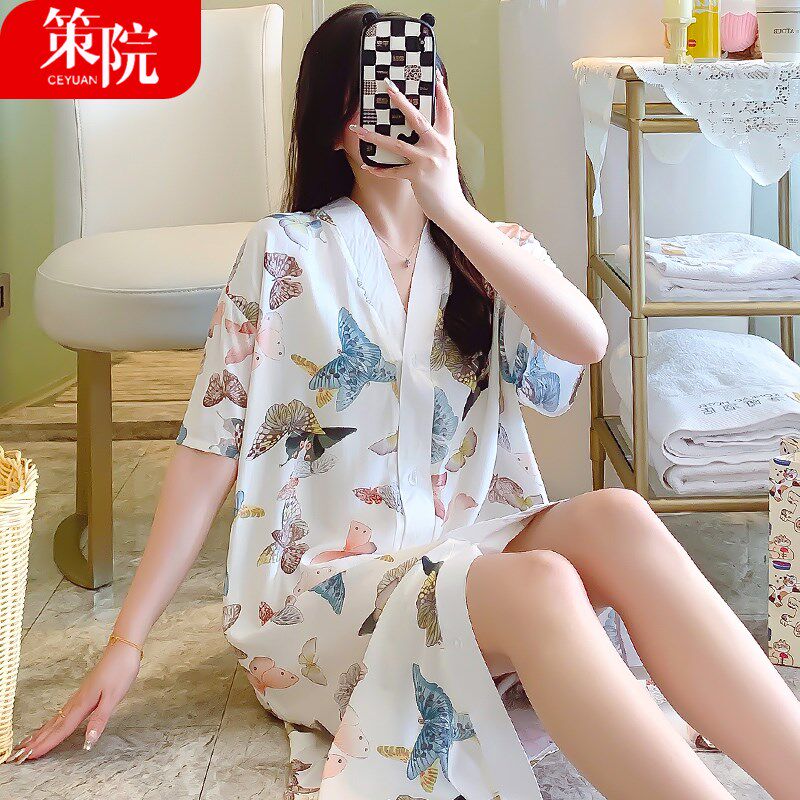 女士棉绸睡裙短袖夏季人造棉薄款C连衣裙睡衣韩版宽松开扣子家居