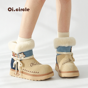 厚底雪地靴浅卡其原创女冬季 绑带靴子防滑靴 外穿加绒加厚保暖棉鞋