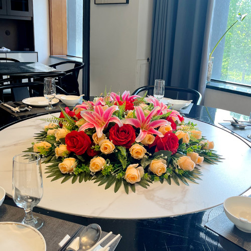 饭店包间转盘花饭厅桌面花艺酒店圆桌花摆花彷真花大圆桌中间装饰
