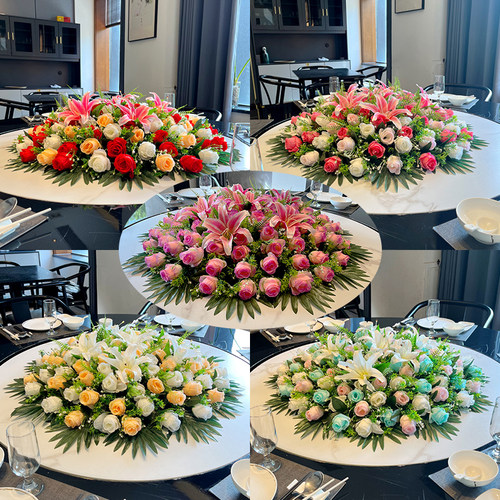 高档酒店圆桌花餐桌花包间餐厅包厢桌面转盘摆件中间装饰仿真摆花