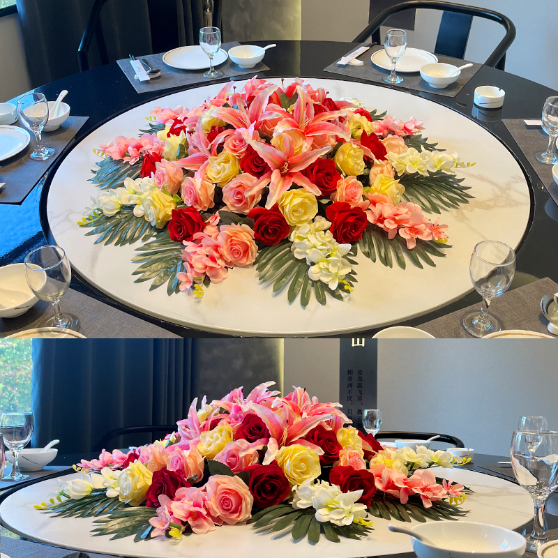 酒店圆桌中间摆花餐厅餐桌花转盘装饰假花仿真宴会绢花摆件电动桌