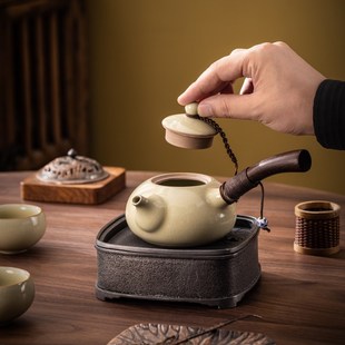 米黄汝窑黑檀木侧把壶家用办公y室会客功夫茶具泡茶壶陶瓷茶壶单