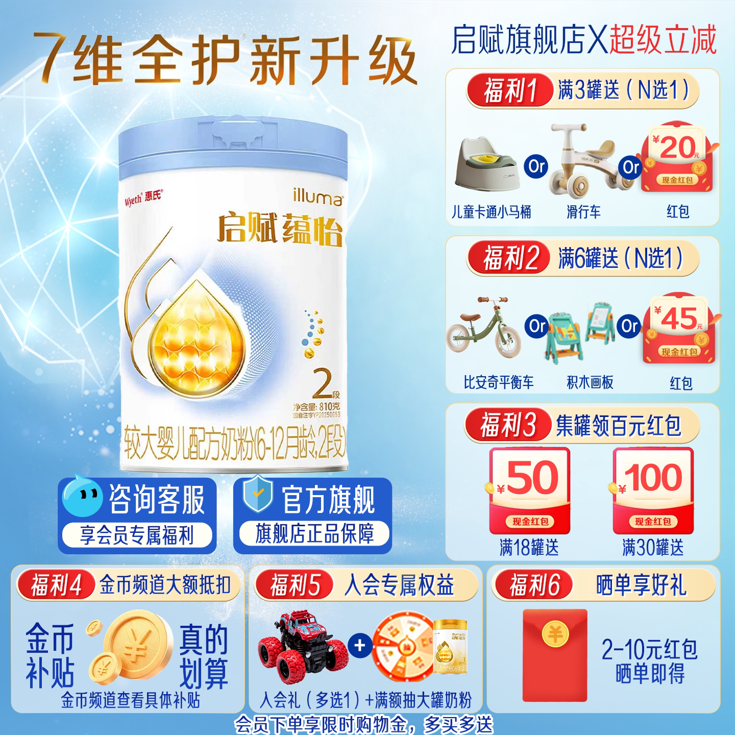 蓝钻升级启赋蕴怡2段810g奶粉二段惠氏婴儿配方官方旗舰店正品