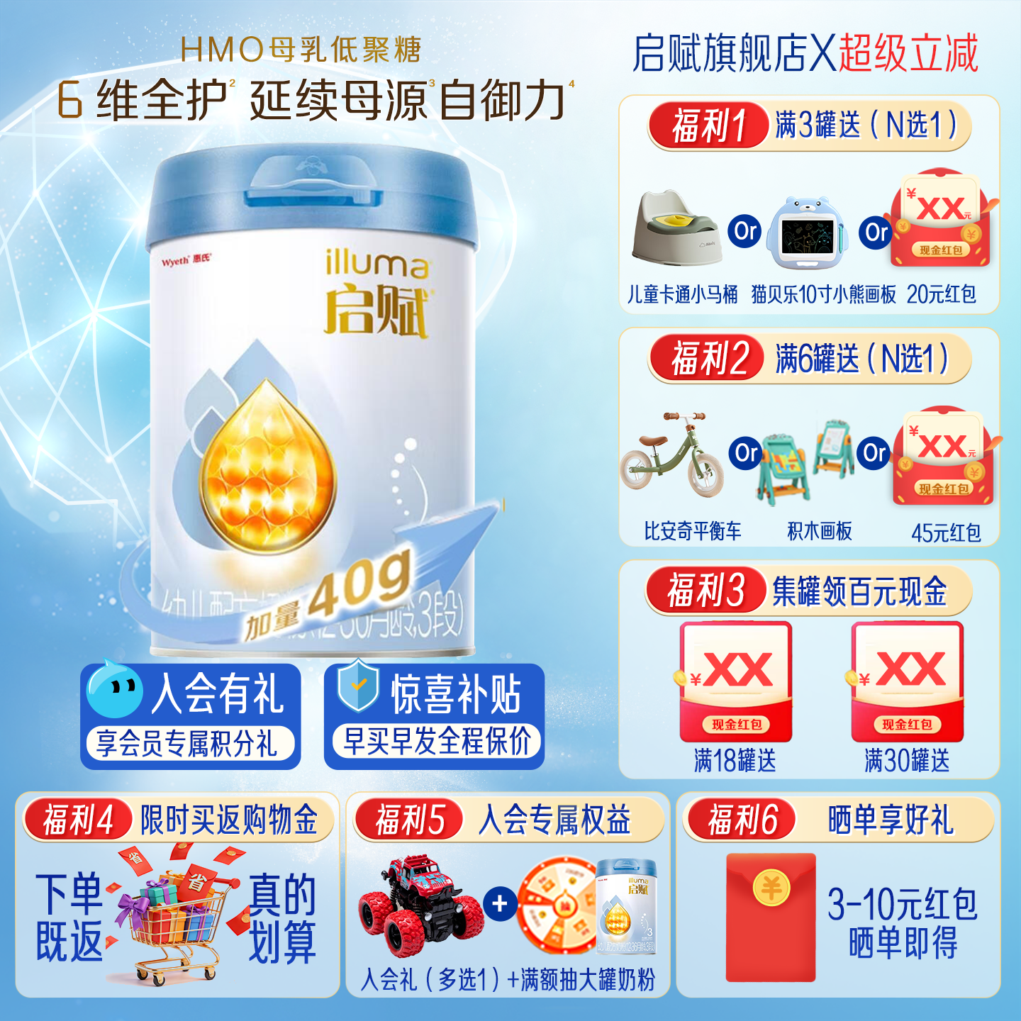 启赋蓝钻3段850g奶粉惠氏三段婴儿婴幼儿配方官方旗舰店正品