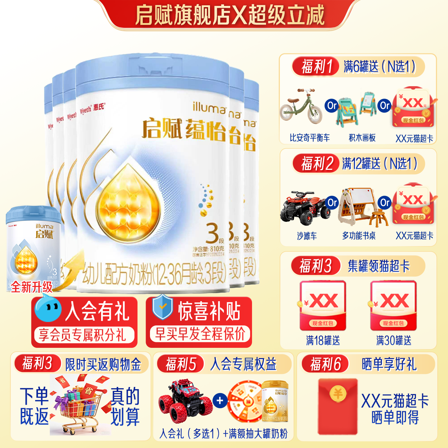 蓝钻升级】惠氏启赋蕴怡3段7HMO进口奶源婴幼儿奶粉810g/6罐旗舰