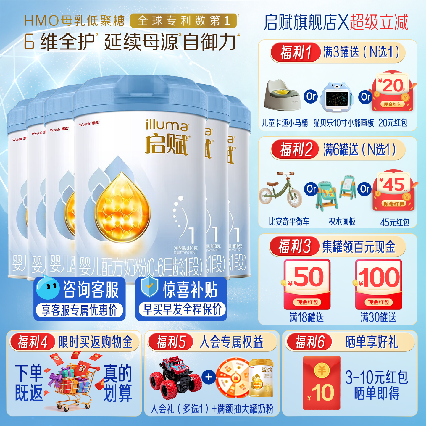 启赋蓝钻1段810g*6罐奶粉0-6个月配方惠氏一段婴儿新生官方旗舰店