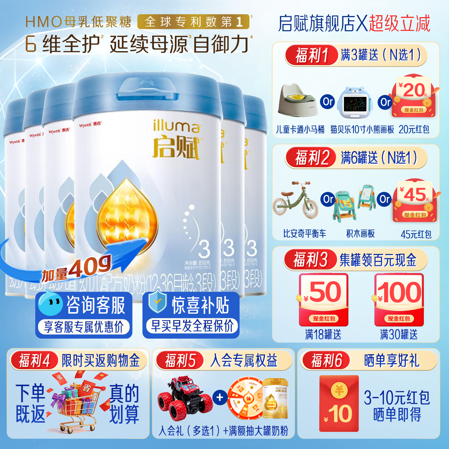 启赋蓝钻3段850g*6罐奶粉惠氏三段婴儿婴幼儿配方官方旗舰店正品