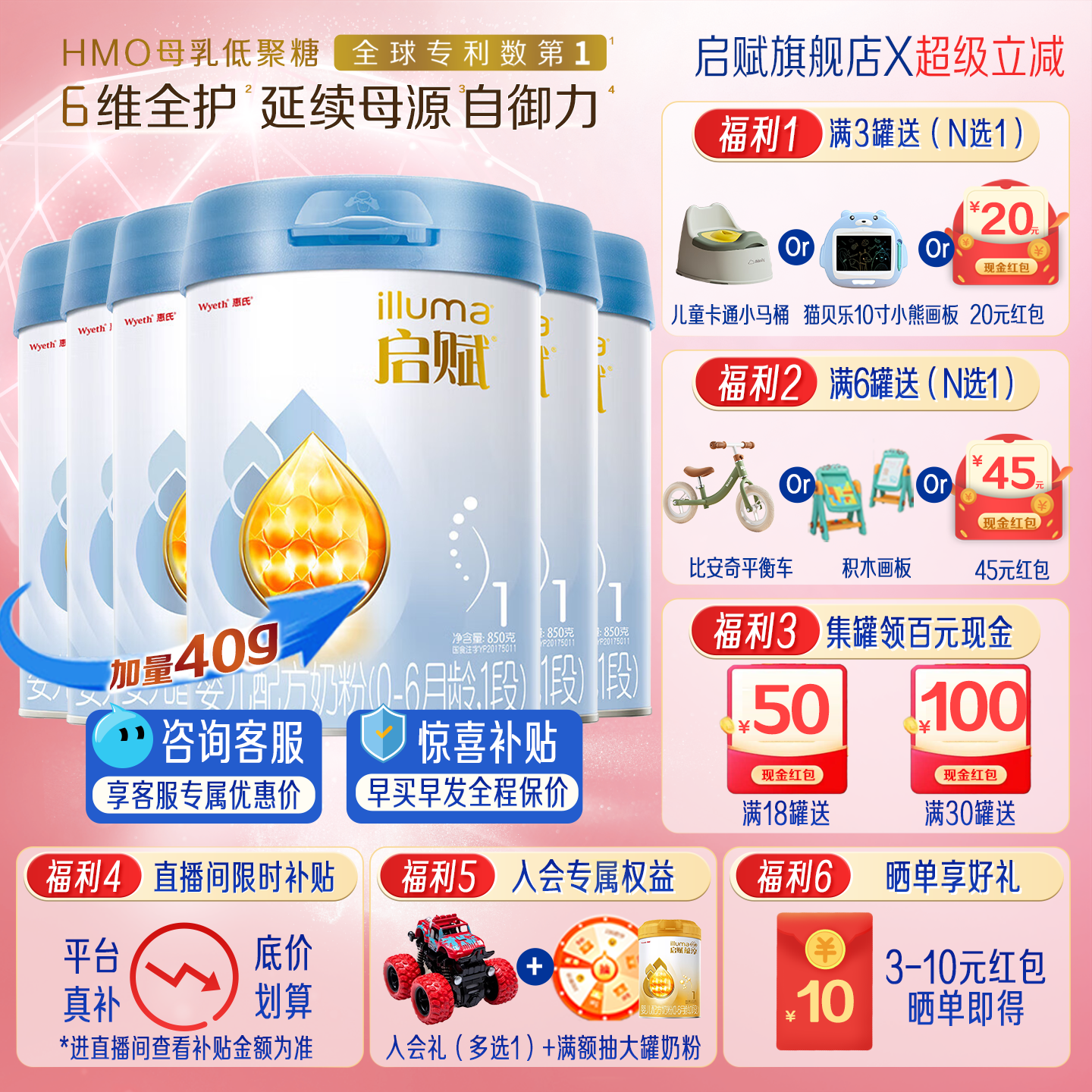 新国标启赋蓝钻1段新生儿牛奶粉850g*6罐0-6个月一段HMO进口正品