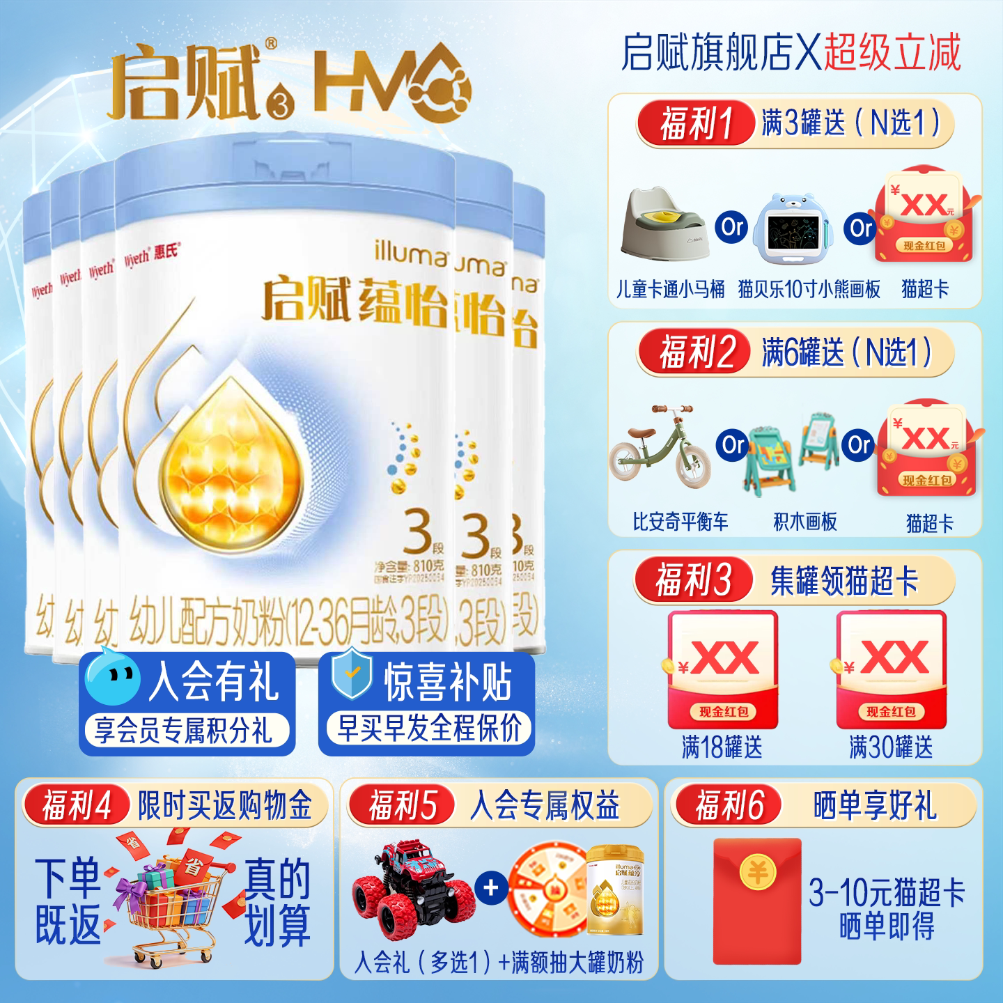 蓝钻升级惠氏启赋蕴怡3段奶粉810g*6罐婴幼儿配方官方旗舰店正品