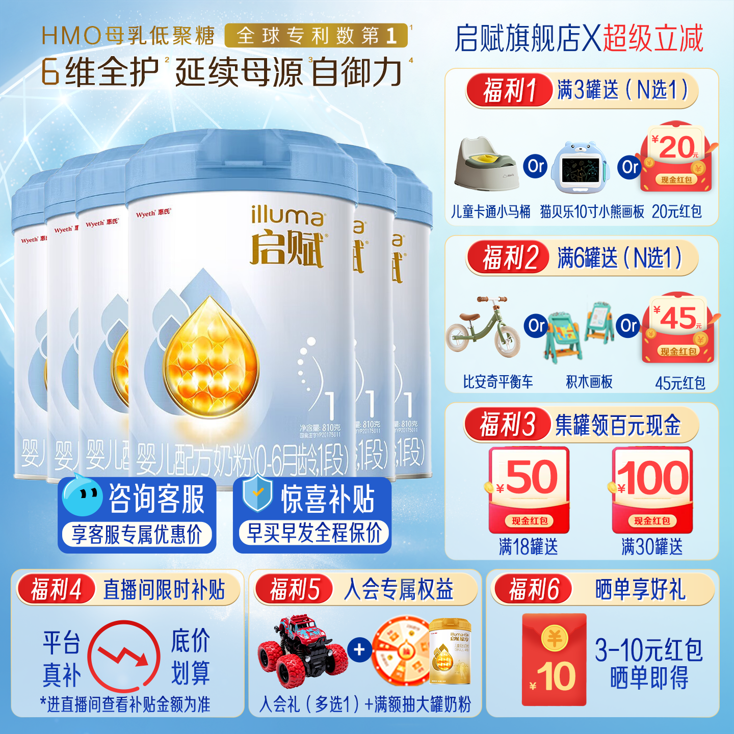 启赋蓝钻1段810g*6罐奶粉0-6个月配方惠氏一段婴儿新生官方旗舰店