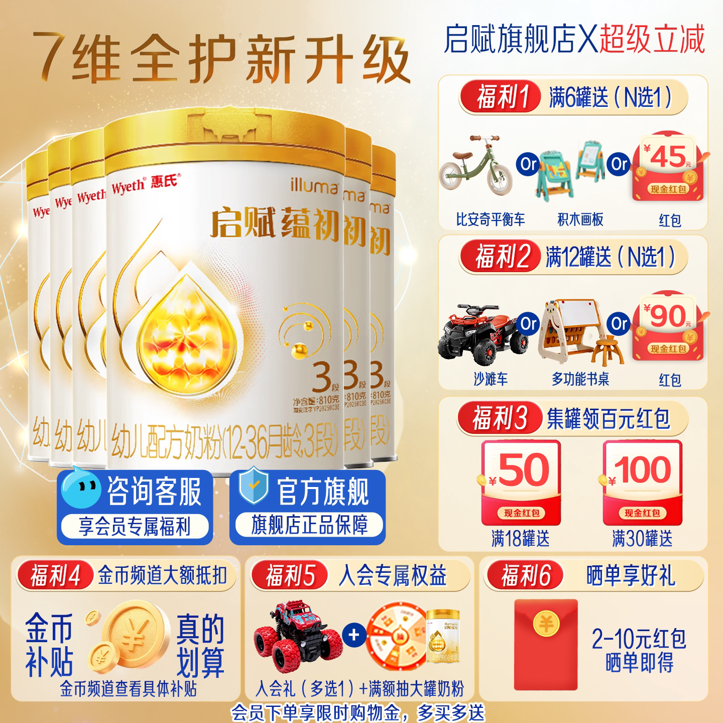 蕴淳重磅升级】惠氏启赋蕴初3段A2奶源婴幼儿奶粉810g*6罐旗舰店