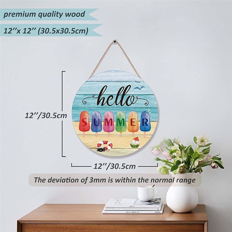 新款夏日海滩主题木制欢迎挂牌 家居墙壁装饰圆形冰淇淋图案门牌