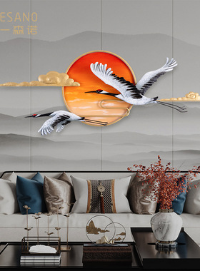 新中式装饰挂g件墙壁客厅墙面铁艺壁挂仙鹤画壁饰创意立体金属墙
