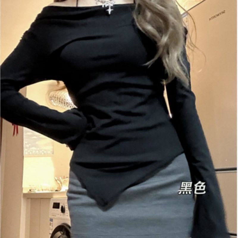 纯欲一字肩打底衫女春夏修身显瘦内搭不规则下摆打底长袖T恤上衣