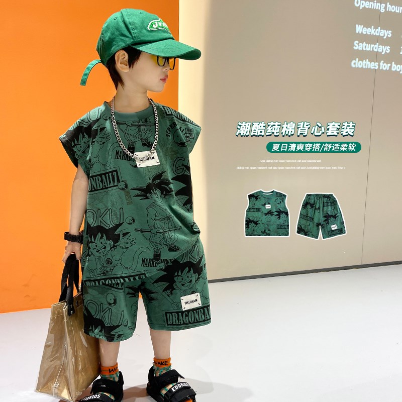 男童薄款夏季背心套装n2025新款儿童洋气卡通贴标宽松无袖两件套