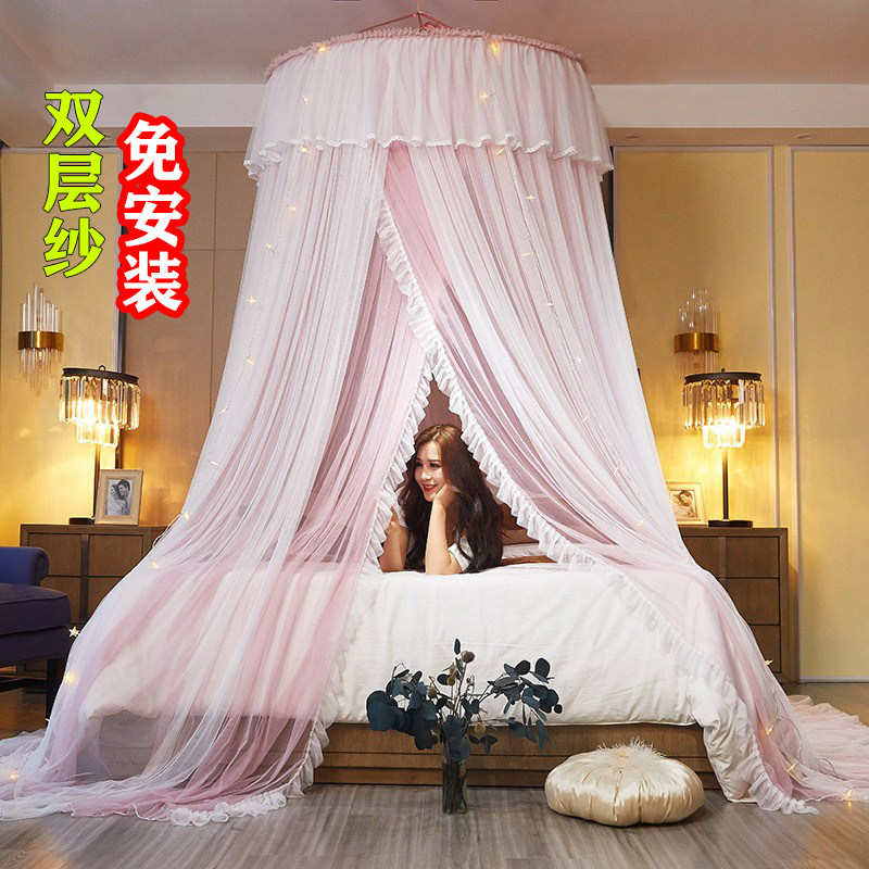 吊挂式圆顶蚊帐双层纱三开门公主风加密吊顶简约吸顶免安装带吸盘