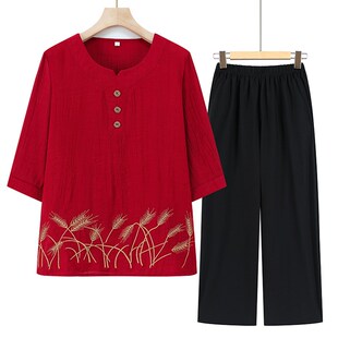 T恤八分裤 夏装 五分袖 中老年人妈妈装 老太太两件套女t 棉麻刺绣套装