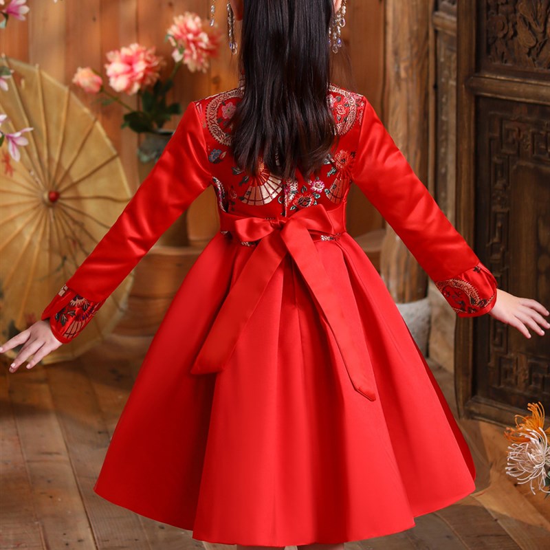 汉服女童公主裙红色拜年服冬款加绒儿童礼服中国风唐装旗袍连衣裙