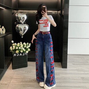印花t恤两件套夏季 套装 新款 休闲破洞阔腿牛仔裤 潮 爆款 高级感时尚