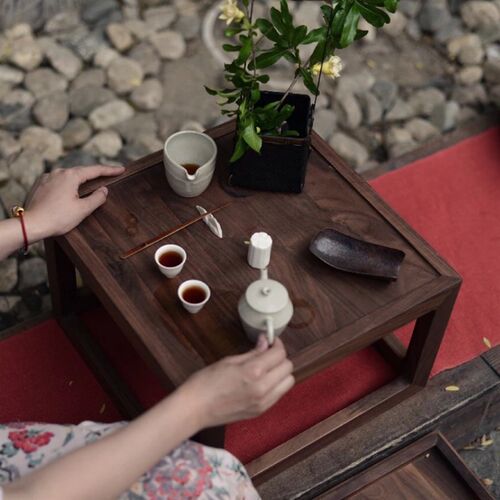 禅意小茶台飘窗桌叠放炕桌榻榻米茶几日式阳台黑胡桃木组合茶桌