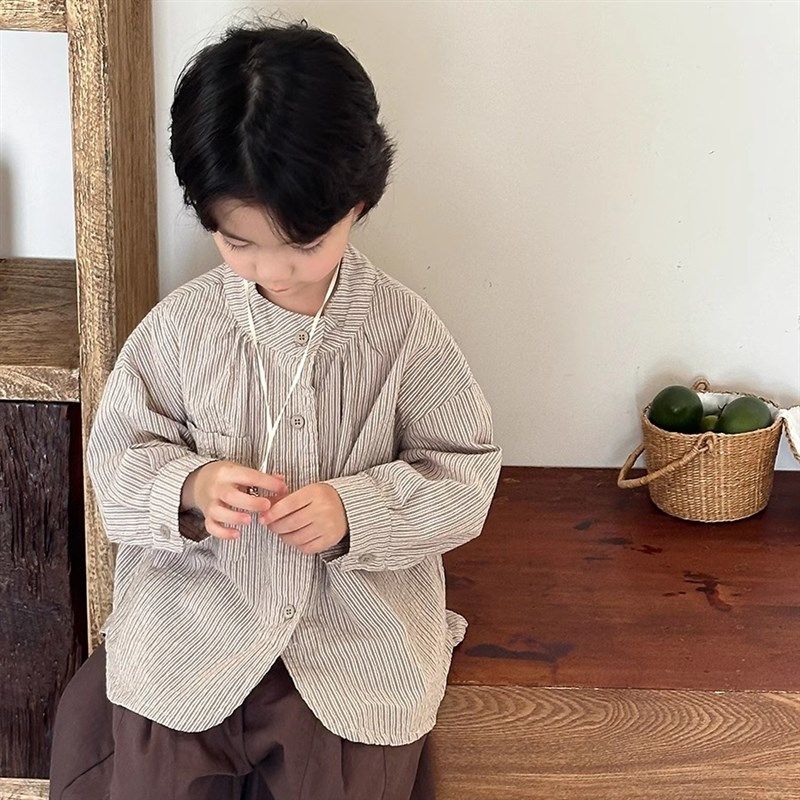 暮晨家新款春装2025男童棉麻圆领长袖衬衫中小童森系复古衬衣外套