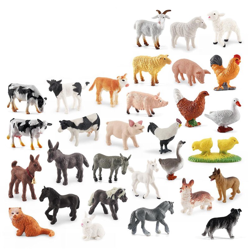 34件套迷你农场家禽动物套装 鸡鸭鹅猪狗猫牛羊马驴模型静态摆件