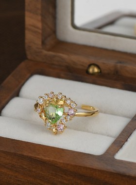 真金电镀镶锆石气质开口戒指女复古法式祖母绿爱心指环简约食指戒