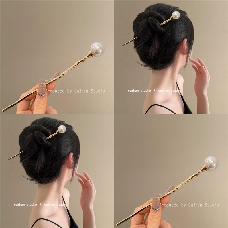 简约~珍珠发簪现代汉服发钗气质簪子头饰女N新中式旗袍户外盘发器