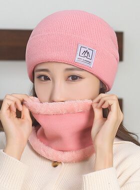 冬天防寒加绒脖套帽子两件套女士出行护耳保暖针织帽方标毛线帽冬