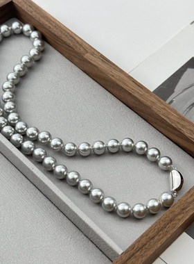 珍珠项链秋冬高级不掉色铂金灰大颗手工串珠真多麻时尚复古锁骨链