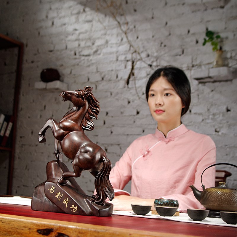 黑檀木雕马摆件十二生肖马到成功红木木质工艺礼品办公室家居礼品
