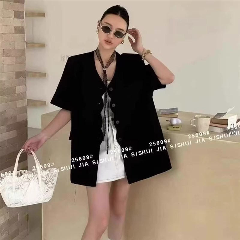 薄款外套女202k5春夏新款欧韩货波形衣襟阔版网红中长款短袖西装