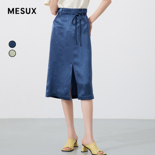 MESUX米岫醋酸丝绸系带绑带短裙开叉半身裙女MKSDS301