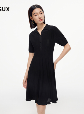 MESUX米岫新品女毛织坑条简约翻领黑色连衣裙MMFUE605